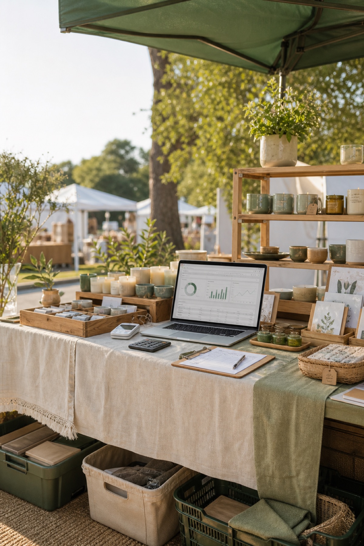 Craft market booth with inventory and a laptop dashboard