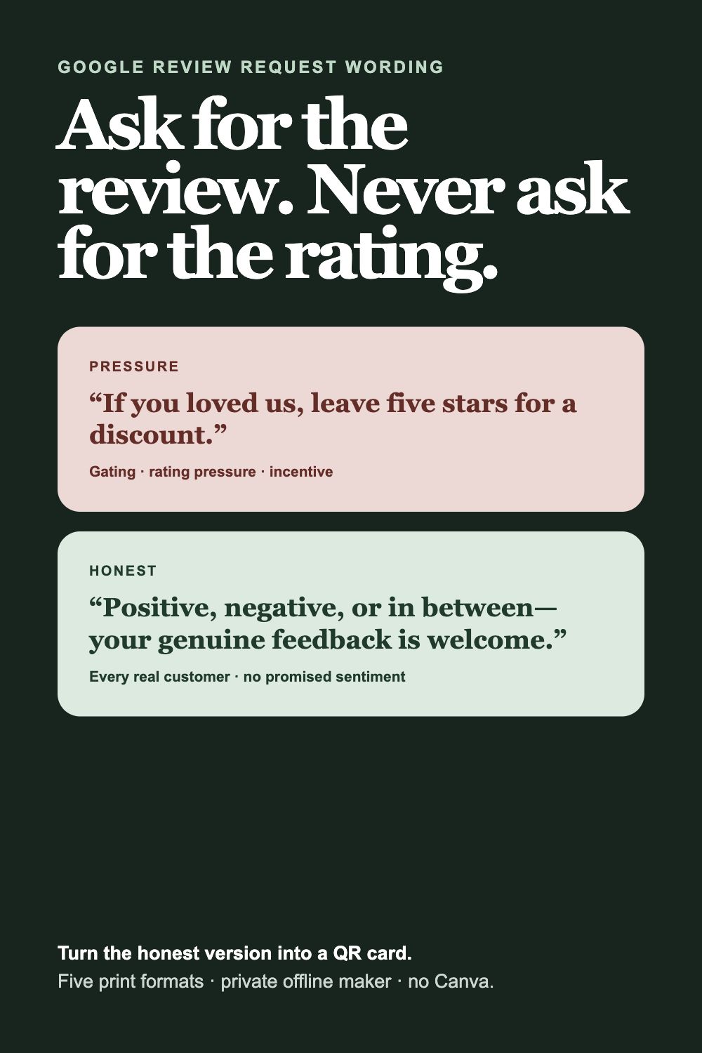 Dark green guide comparing a pressured five-star discount request with neutral wording that welcomes genuine feedback of any sentiment.