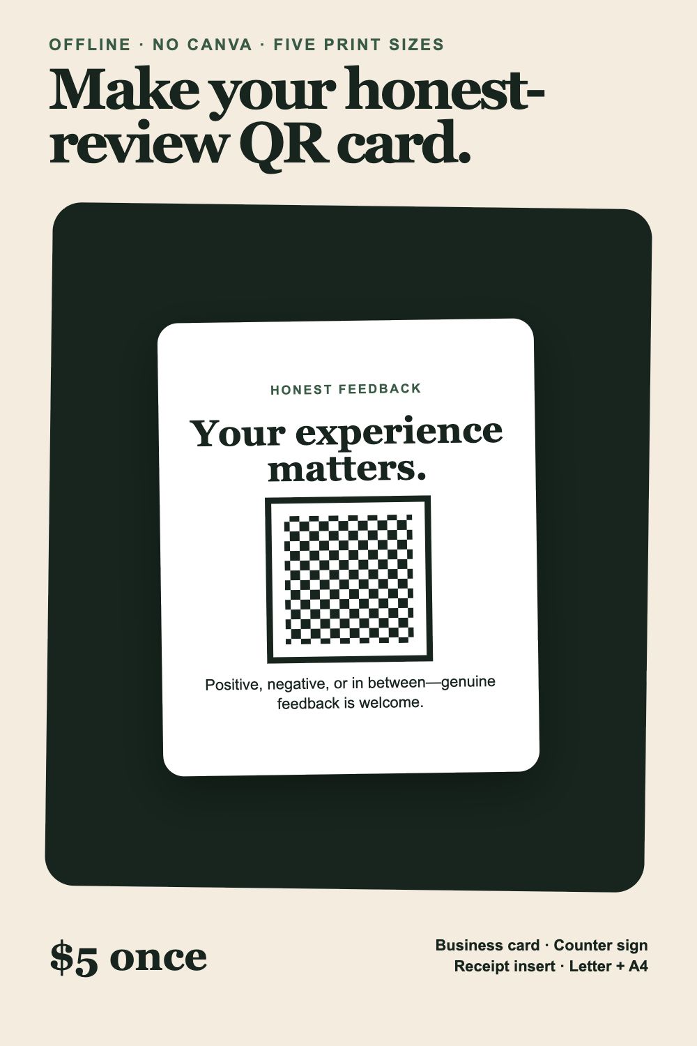 Editorial graphic showing a mock honest-review QR card and text that the offline maker includes five print sizes and needs no Canva account.