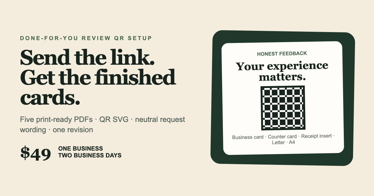 Done-for-you honest review QR setup with five print-ready sizes