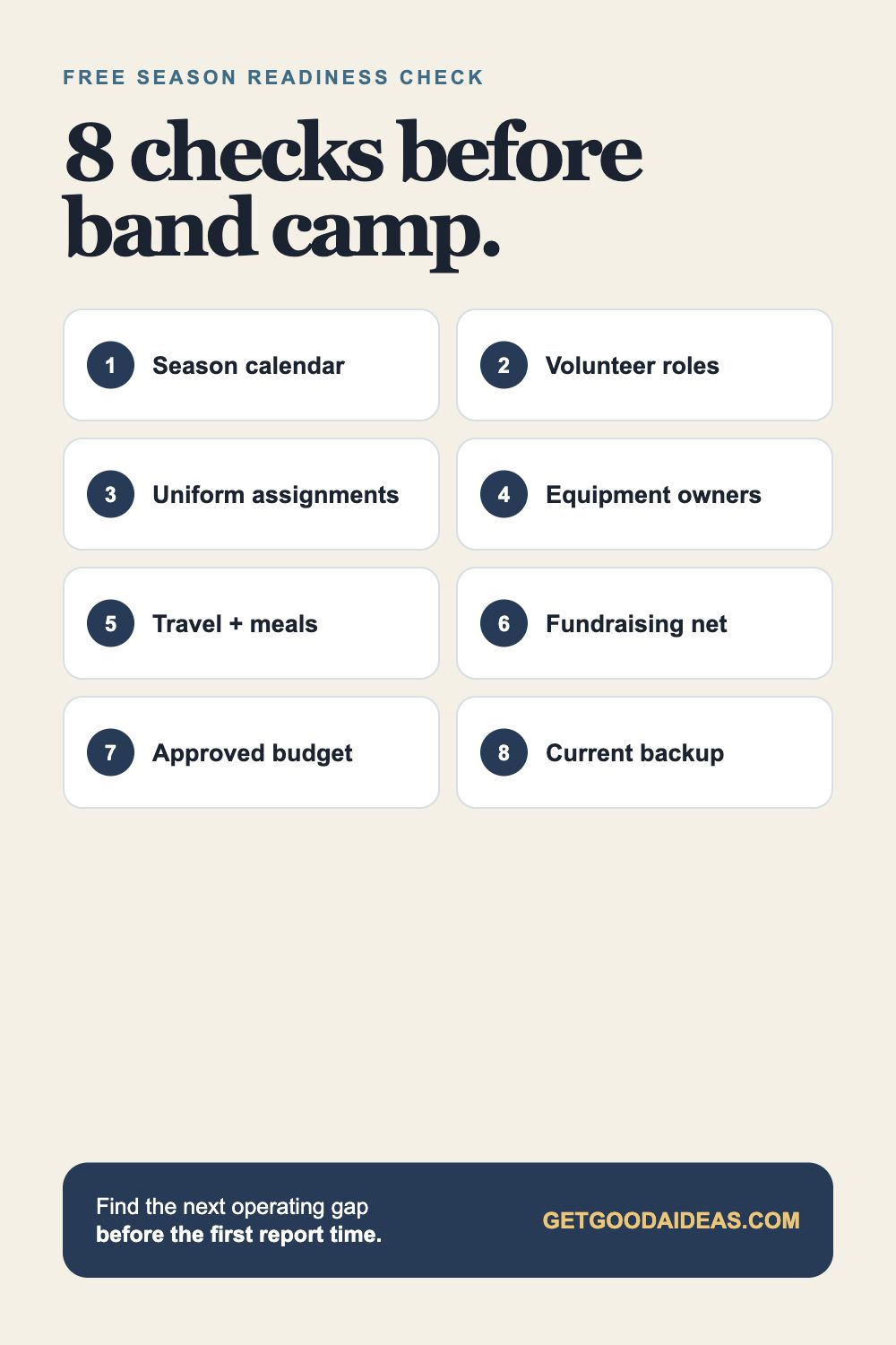 Eight checks before band camp: calendar, volunteers, uniforms, equipment, travel, fundraising, budget, and backup