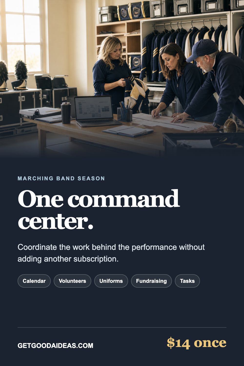 Marching band season command center guide covering calendar, volunteers, uniforms, fundraising, and tasks