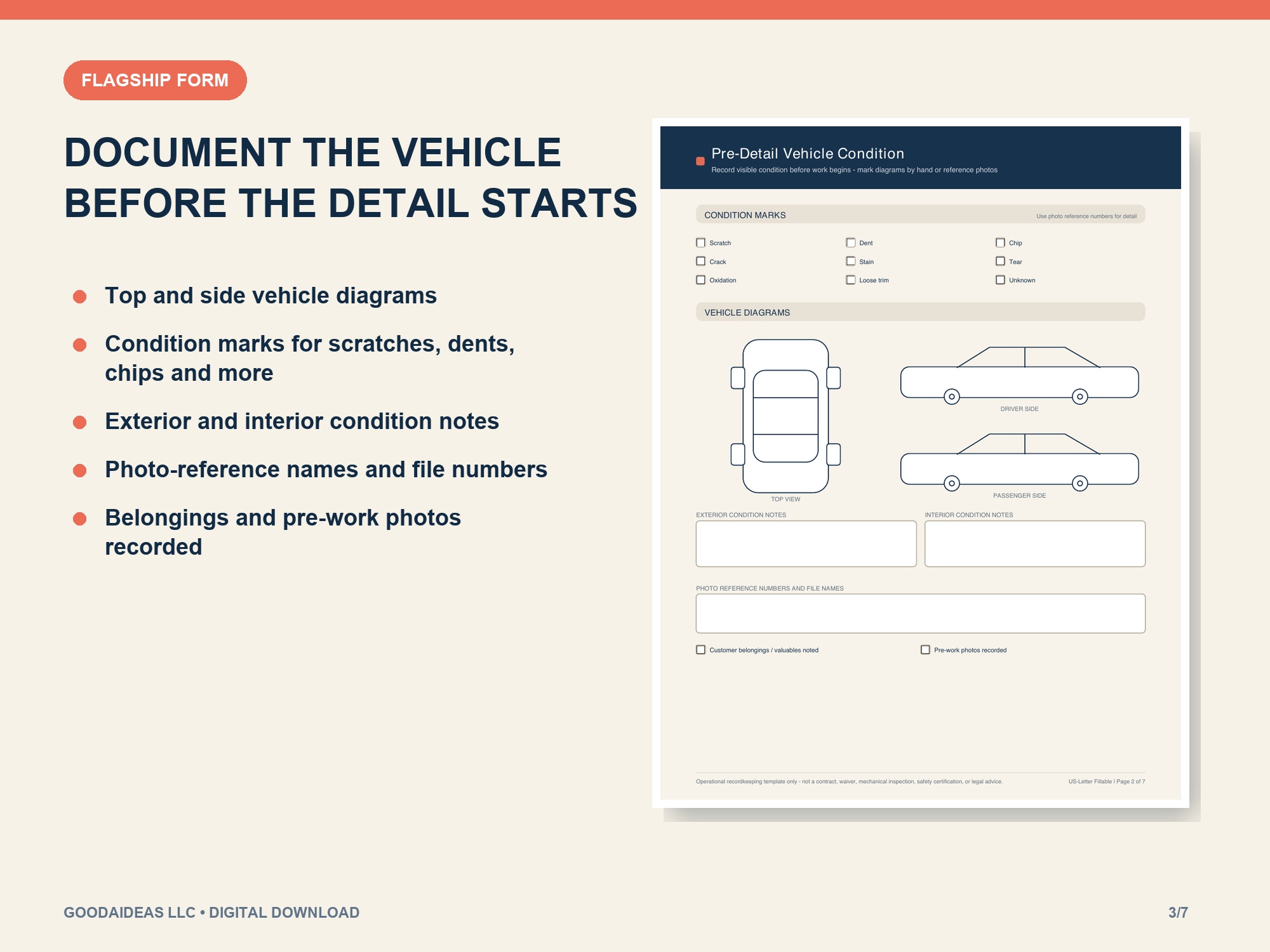 Pre-detail vehicle condition form with vehicle diagrams