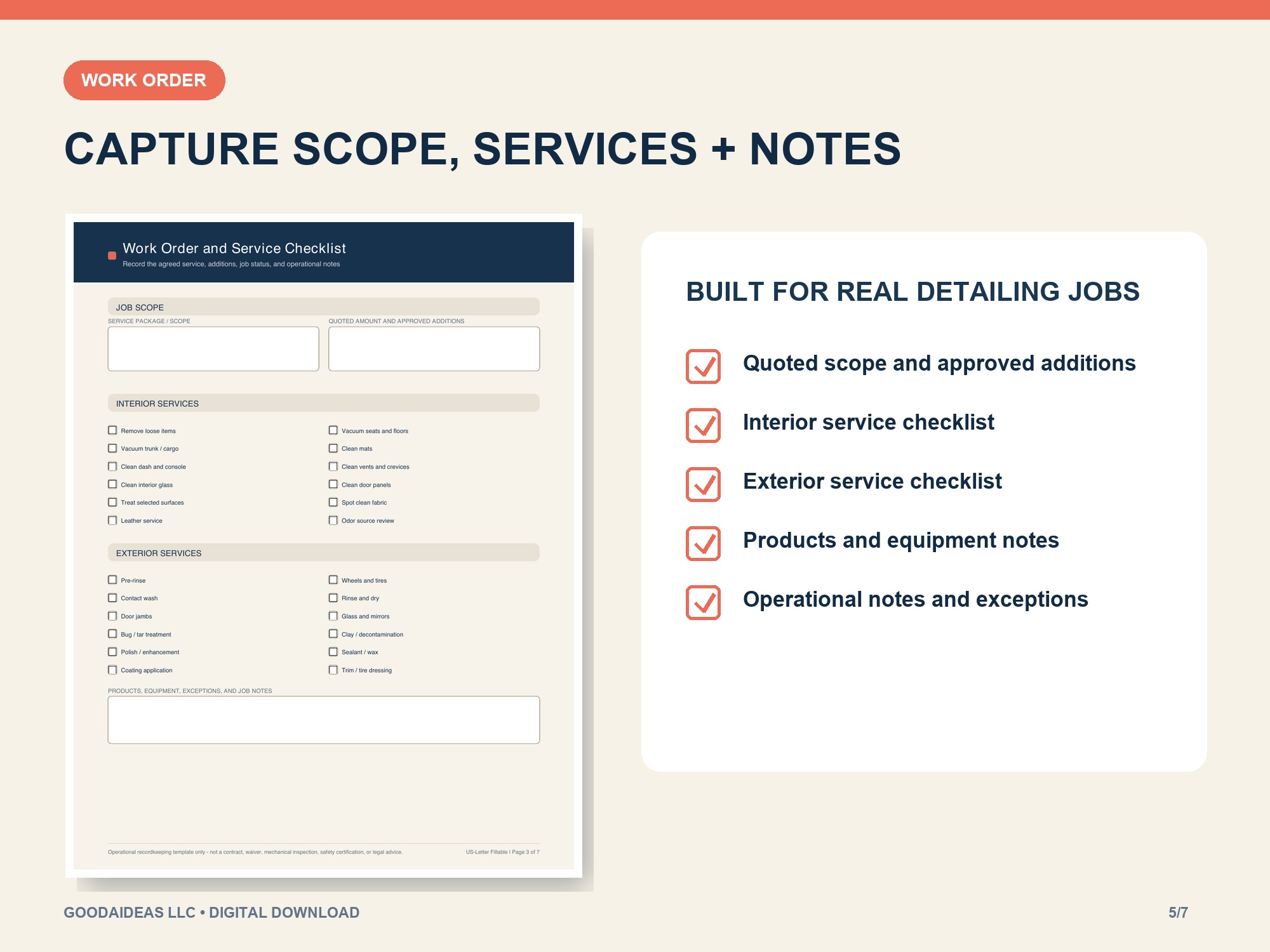 Auto detailing work order and service checklist