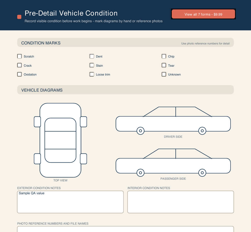 Controlled product QA showing a sample value retained in the exterior condition notes field after the PDF was saved and reopened