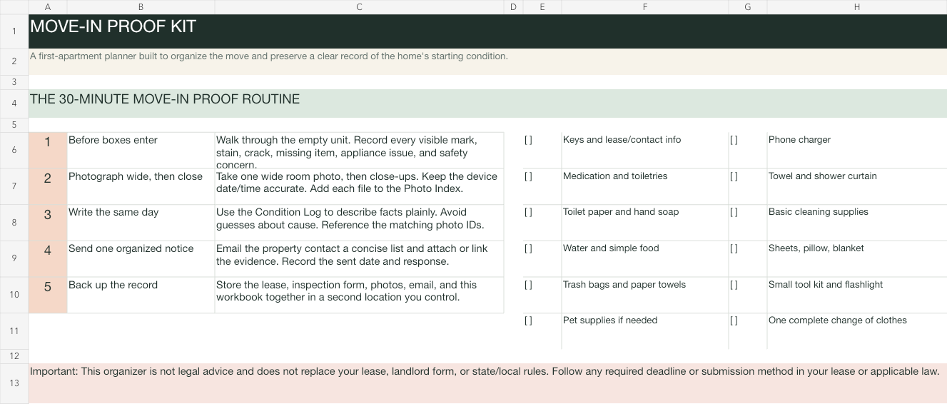 Preview of the editable move-in condition workbook
