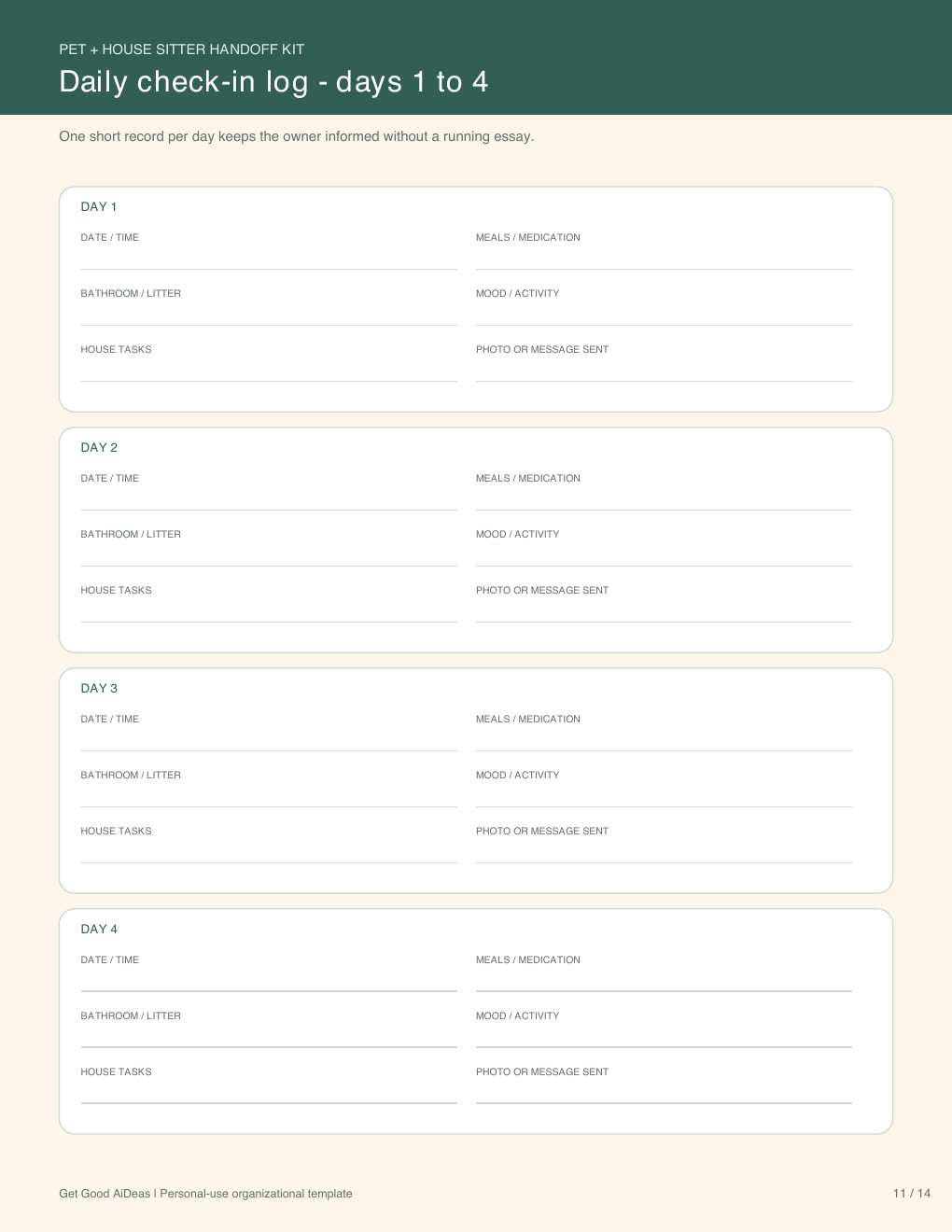 Daily pet and house sitter check-in log preview