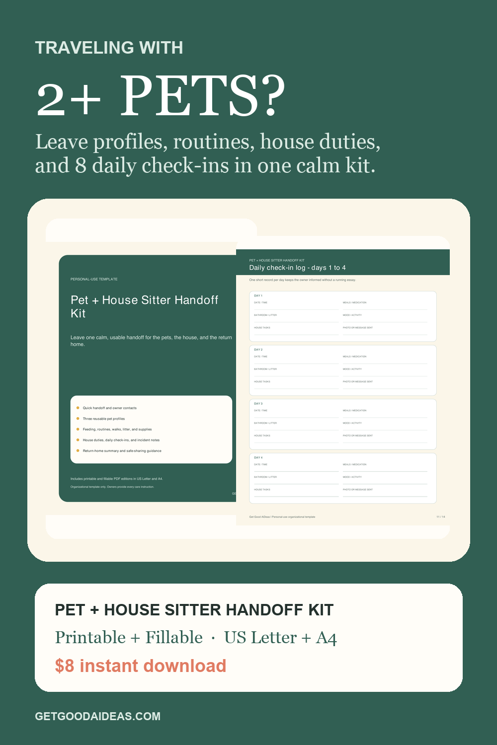 Multi-pet sitter organization kit showing profiles and daily logs