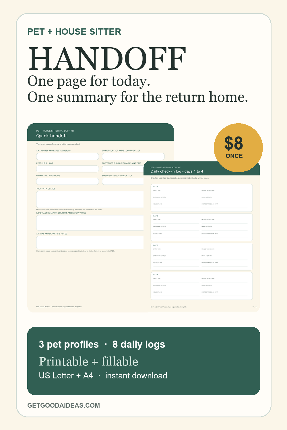 Pet and house sitter handoff guide with printable page previews
