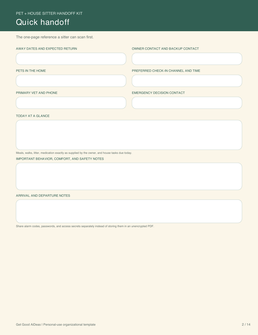 Quick handoff page with owner, pet, vet, routine, and access fields