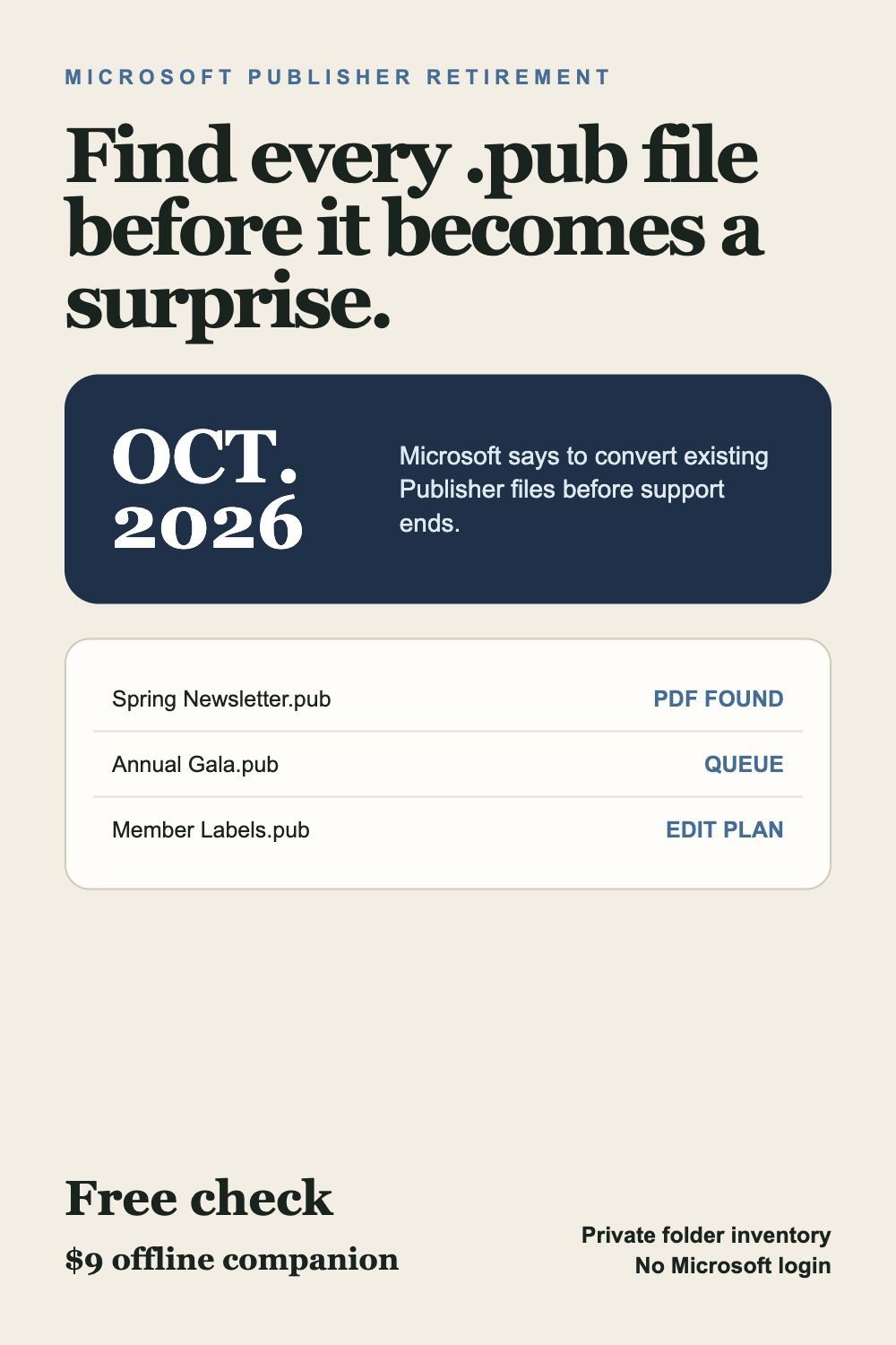 Editorial reminder that Microsoft Publisher ends in October 2026 and organizations should find their Publisher files now.